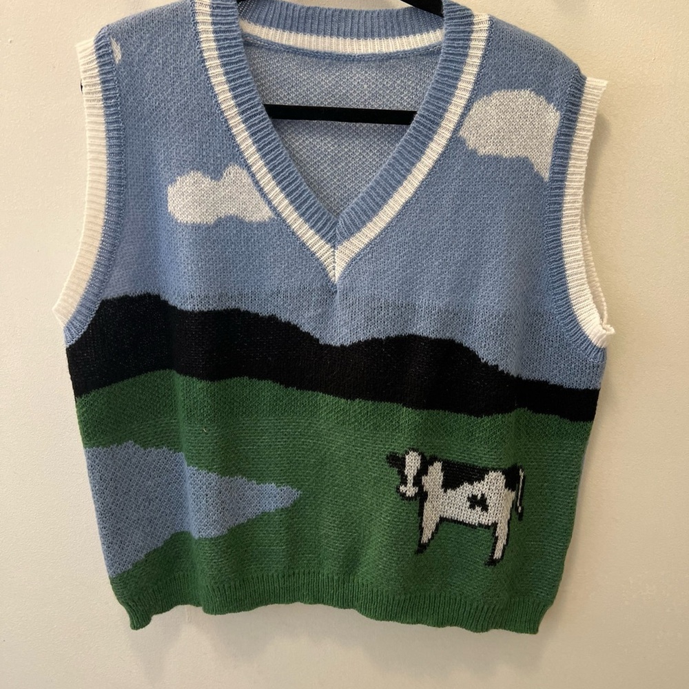 Blue and Green Cow Motif V-Neck Sweater Vest